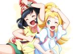  2girls :d ;d arm_up bangs beanie black_hair blush closed_eyes collarbone commentary_request eyelashes floral_print gotcha! green_shorts happy hat kooeiatd111020 lillie_(pokemon) long_hair looking_at_another multiple_girls one_eye_closed open_mouth pokemon pokemon_(game) pokemon_sm red_headwear selene_(pokemon) shirt short_sleeves shorts smile t-shirt tied_shirt tongue yellow_shirt 