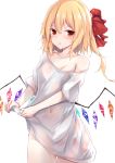  1girl alternate_costume ass_visible_through_thighs bare_shoulders blonde_hair bottomless collarbone covered_navel crystal flandre_scarlet groin hair_ribbon highres kashiwagi_yamine long_hair looking_at_viewer medium_hair naked_shirt navel off_shoulder one_side_up oversized_clothes oversized_shirt parted_lips red_eyes red_ribbon ribbon see-through shirt side_ponytail simple_background solo stomach touhou wet wet_clothes wet_shirt white_background white_shirt wings wringing_clothes 