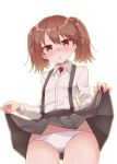  1girl :o backlighting blush brown_hair commentary_request cowboy_shot from_below kantai_collection kirigakure_(kirigakure_tantei_jimusho) lifted_by_self long_sleeves magatama orange_eyes panties parted_lips pleated_skirt ryuujou_(kantai_collection) shirt simple_background skirt skirt_lift solo suspenders underwear white_background white_panties white_shirt 