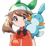 1girl aqua_eyes bangs bare_arms breasts brown_hair closed_mouth commentary_request expressionless eyebrows_visible_through_hair gen_3_pokemon green_bandana hyou_(hyouga617) looking_at_viewer may_(pokemon) mudkip on_shoulder pokemon pokemon_(creature) pokemon_(game) pokemon_emerald pokemon_on_shoulder pokemon_rse sleeveless upper_body white_background 