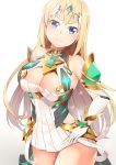  1girl bangs bare_shoulders bismarck_(kantai_collection) blonde_hair blue_eyes blush breasts cleavage commentary_request cosplay cowboy_shot dress elbow_gloves eyebrows_visible_through_hair gem gloves hand_on_hip highres jewelry kantai_collection large_breasts long_hair looking_at_viewer mythra_(xenoblade) mythra_(xenoblade)_(cosplay) simple_background smile solo white_background xenoblade_chronicles_(series) xenoblade_chronicles_2 yasume_yukito 