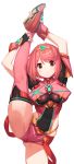  1girl absurdres bangs black_gloves blush breasts chest_jewel earrings fingerless_gloves gloves green322 highres jewelry large_breasts leg_up looking_at_viewer pyra_(xenoblade) red_eyes red_hair red_legwear red_shorts short_hair short_shorts shorts simple_background smile split standing standing_on_one_leg standing_split swept_bangs thighhighs tiara xenoblade_chronicles_(series) xenoblade_chronicles_2 