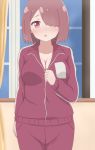  1girl absurdres blush breasts brown_hair cleavage collarbone hair_over_one_eye highres hoshino_miyako_(wataten) jacket large_breasts long_sleeves looking_at_viewer open_mouth pants poa_mellhen red_eyes short_hair solo track_jacket track_pants track_suit undressing unzipping upper_body watashi_ni_tenshi_ga_maiorita! window 