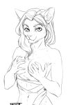  5_fingers anthro areola breasts clothed clothing digital_media_(artwork) domestic_cat eyebrows eyelashes felid feline felis female fingers hi_res mammal monochrome smile solo taurusart 