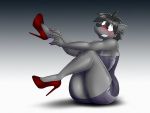  4:3 abstract_background anthro aroused big_breasts big_butt black_hair black_nose blush breasts butt canid canine canis clothing colored_nails curvaceous curvy_figure cute_expression dracojeff dress embarrassed female footwear freckles fur gradient_background grey_body grey_fur hair high_heels long_nails mammal man_face minidress nails nervous nervous_smile phyco pink_nails red_cheeks red_heels red_high_heels shapely shoes short_hair simple_background smile solo thick_thighs tomboy tube_dress voluptuous whiskers wide_hips wolf 