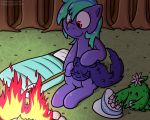  5:4 camping equid equine fan_character female feral fire hair hasbro horse mammal marshmallow my_little_pony pokefound pony sleeping_bag smile tree 