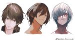  3boys blue_eyes brown_hair closed_mouth earrings face frown grey_eyes grey_hair hair_between_eyes hair_over_one_eye highres jewelry male_focus multiple_boys original reckless_dog simple_background single_earring sketch smile twitter_username upper_body white_background 