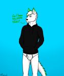  anthro black_clothing black_hoodie black_topwear briefs bulge canid canine canis clothing drawyourfursona english_text hi_res hoodie koziol male mammal meme meme_clothing solo standing text topwear underwear white_clothing white_underwear wolf 