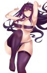  1girl absurdres arm_up armpits bangs bikini blush breasts cleavage fate/grand_order fate_(series) hair_between_eyes highres knee_up large_breasts long_hair looking_at_viewer lying musicatopos on_back purple_bikini purple_hair purple_legwear red_eyes scathach_(fate)_(all) scathach_skadi_(fate/grand_order) simple_background smile swimsuit thighhighs thighs tiara white_background 