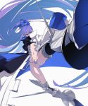  1girl armored_boots ass_visible_through_thighs bangs blue_eyes blue_ribbon boots crotch_plate fate/extra fate/extra_ccc fate/grand_order fate_(series) flat_chest foreshortening hair_ribbon hidden_mouth high_collar highres kicking long_coat long_hair long_sleeves meltryllis navel purple_hair revealing_clothes ribbon sandato solo spikes spread_legs thigh_boots thighhighs thighs very_long_hair white_background wide_sleeves 