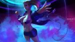  1girl akali black_shorts blonde_hair blue_eyes breasts chain_necklace collarbone commentary cowboy_shot english_commentary fingernails foreshortening highres holding holding_jewelry holding_necklace jacket jewelry k/da_(league_of_legends) k/da_akali large_breasts league_of_legends lolliedrop navel necklace outstretched_arm parted_lips short_shorts shorts signature solo taut_clothes watermark web_address 