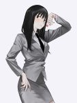  1girl bangs black_eyes black_hair black_neckwear blush breasts candy closed_mouth commentary food formal grey_background grey_skirt highres holding holding_candy holding_food holding_lollipop jacket lollipop long_hair long_sleeves necktie office_lady original pencil_skirt simple_background skirt skirt_suit solo suit xxxsoiu1 