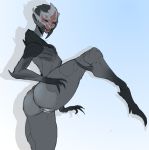  2020 alien artlegionary butt female genitals grey_body humanoid looking_at_viewer mass_effect not_furry nude one_leg_up portrait presenting presenting_pussy pussy raised_leg shadow simple_background solo three-quarter_portrait turian video_games 