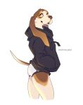  anthro big_ears black_clothing black_hoodie black_topwear briefs canid canine canis clothing domestic_dog drawyourfursona droffagner hi_res hoodie hunting_dog male mammal meme meme_clothing scent_hound solo standing topwear underwear white_clothing white_underwear 