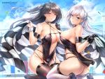  2girls aliasing anthropomorphism ass azur_lane blue_eyes blush brown_hair clouds dress gloves gray_hair long_hair no_bra nopan rei_kun shoukaku_(azur_lane) signed skirt_lift sky zuikaku_(azur_lane) 