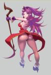  1girl angela_(seiken_densetsu_3) ass don_(rg06268) earrings from_behind green_eyes highres holding holding_staff jewelry long_hair looking_back pink_skin pointy_ears purple_hair seiken_densetsu seiken_densetsu_3 solo staff 