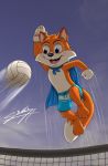  anthro bottomwear canid canine clothing fox hi_res lucky_the_fox male mammal sagadreams shorts solo sport super_lucky&#039;s_tale swimming swimming_trunks swimwear volleyball 