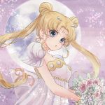  1girl bangs bishoujo_senshi_sailor_moon blonde_hair blue_eyes bouquet bracelet crescent detached_sleeves double_bun dress facial_mark flower forehead_mark full_moon glitter hair_ornament hairclip highres holding holding_bouquet jewelry long_hair mira_(momo5gavn9we) moon parted_bangs princess_serenity red_flower red_rose rose solo tsukino_usagi twintails very_long_hair white_dress 