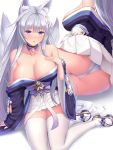  1girl absurdres animal_ear_fluff animal_ears arm_support ass azur_lane bangs bare_shoulders blush breasts cleavage eyebrows_visible_through_hair fox_ears fox_girl grey_hair hair_ornament highres japanese_clothes kimono kitsune large_breasts long_hair looking_at_viewer meropan multiple_tails off-shoulder_kimono panties purple_eyes shinano_(azur_lane) sitting tail thighhighs thighs underwear white_panties yokozuwari 