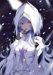  1girl bangs black_gloves breasts fate/grand_order fate/prototype fate_(series) fingerless_gloves gloves hooded_robe long_hair long_sleeves looking_at_viewer merlin_(fate/prototype) mishiro_(ixtlolton) petals smile white_hair white_hood white_robe wide_sleeves 
