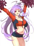  1girl alternate_costume breasts cleavage don_(rg06268) floating_hair hands_up highres long_hair macross macross_delta medium_breasts midriff mikumo_guynemer navel open_mouth pom_poms purple_hair red_eyes short_shorts shorts smile solo very_long_hair white_background 