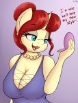  absurd_res an-tonio anthro big_breasts blue_eyes breasts clothing dialogue dress equid equine female golden_brooch hair hasbro hi_res horn huge_breasts jewelry mammal mature_female my_little_pony necklace red_hair simple_background solo unicorn 