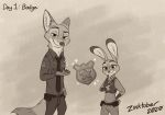  2020 aar0njay anthro badge bottomwear canid canine clothed clothing disney duo female fox fully_clothed fur inktober judy_hopps lagomorph leporid looking_at_viewer male mammal necktie nick_wilde pants police_uniform rabbit red_fox shirt simple_background smile sparkles topwear uniform zootopia 