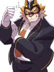  3:4 anthro blush clothing felid flexing hi_res japanese_text live-a-hero male mammal mask muscular muscular_anthro muscular_male necktie raiki solo suit text yoshizaurusu_n 