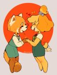  &lt;3 2019 aggressive_retsuko ailurid animal_crossing anthro biped blush bottomwear canid canine canis clothed clothing crossover domestic_dog duo emanata eyes_closed female female/female fur green_bottomwear green_clothing green_skirt grey_background hand_holding happy isabelle_(animal_crossing) mammal nintendo open_mouth open_smile orange_body orange_fur red_panda retsuko sanrio seii_shin shih_tzu shirt signature simple_background skirt smile standing tailwag topwear toy_dog video_games yellow_body yellow_fur 