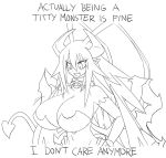  1girl antenna_hair being_bread_is_fine bouncing_breasts breasts cosplay covered_nipples demon_girl demon_horns demon_tail disgaea disgaea_d2 english_commentary english_text fang genderswap genderswap_(mtf) greyscale horns laharl laharl-chan large_breasts matsu-sensei meme monochrome open_mouth pointy_ears scarf smile succubus_(disgaea) succubus_(disgaea)_(cosplay) tail 