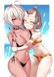  2girls bangs bare_arms bare_shoulders bikini black_bikini breasts commentary_request cowboy_shot eyebrows_visible_through_hair forehead glasses grey_hair grin groin hair_over_one_eye hand_up highres holding horns koissa large_breasts looking_at_viewer multiple_girls navel off-shoulder_swimsuit off_shoulder original red_eyes sharp_teeth short_hair side-tie_bikini silver_hair smile standing stomach swimsuit teeth thighs yellow_bikini yellow_eyes 