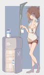  1girl alternate_costume barefoot blue_background blue_towel border brown_eyes brown_hair brown_shorts casual clothes_writing commentary folded_ponytail full_body grey_border highres inazuma_(kantai_collection) kantai_collection kazakura_(kazakura_js) long_hair looking_at_viewer milk_carton refrigerator shirt short_shorts shorts solo standing t-shirt towel towel_around_neck translation_request two-tone_background white_shirt 