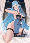 1girl azura_(fire_emblem) bare_legs bed bedroom blue_hair blush breasts chungmechanic commentary elbow_gloves english_commentary fire_emblem fire_emblem_fates flower gloves hair_between_eyes hair_flower hair_ornament hairband highres large_breasts light_blue_hair lingerie long_hair no_panties sideboob smile solo thighs underwear yellow_eyes 
