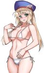  1girl artoria_pendragon_(all) artoria_pendragon_(caster) bikini blush fate/grand_order fate_(series) green_eyes hat jonylaser long_hair navel open_mouth simple_background solo swimsuit teeth twintails white_background white_bikini 