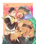  2boys animal_ears arsalan_(tokyo_houkago_summoners) bara bare_chest beard black_bodysuit black_hair blush bodysuit bracelet brown_fur cape chest clothing_cutout couple facial_hair feeding feet_out_of_frame fingernails food furry green_hair halo hand_on_another&#039;s_thigh heart jewelry lion_boy lion_ears lion_tail male_focus medium_hair multiple_boys muscle nipples on_lap on_person open_mouth pelvic_curtain sharp_fingernails sharp_teeth short_hair sitting sitting_on_person stubble sweatdrop tail teeth thick_thighs thigh_cutout thighs tokyo_houkago_summoners tray yaoi yellow_eyes youzora_samo18 zabaniya_(tokyo_houkago_summoners) 