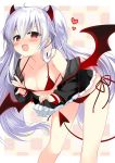  1girl bikini black_jacket breasts demon_girl demon_tail demon_wings fang heart highres horns jacket long_hair looking_at_viewer nagayama_yuunon original red_bikini red_eyes small_breasts smile solo swimsuit tail twintails very_long_hair white_hair wings 