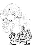  1girl bent_over breasts hand_on_hip highres holding_magnifying_glass hololive hololive_english imokenpi0916 large_breasts lineart looking_at_viewer medium_hair monochrome plaid plaid_skirt skirt solo thighhighs watson_amelia white_background 