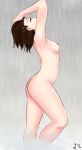  1girl akiyama_yukari arm_up armpit_peek ass breasts brown_hair closed_eyes feet_out_of_frame from_side girls_und_panzer grey_background highres nipples nude pierre_kirby shiny shiny_hair shiny_skin short_hair shower_(place) showering simple_background small_breasts solo standing 