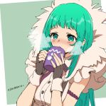  1girl blowing blush dungeon_and_fighter gloves green_eyes green_hair hot_drink long_hair michelle_(dungeon_and_fighter) npc ribbon sleeveless solo steam usamero 