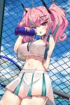  14c 1girl :o absurdres arm_behind_back azur_lane bangs bare_shoulders blue_sky blush bottle breasts bremerton_(azur_lane) bremerton_(scorching-hot_training)_(azur_lane) chain-link_fence cleavage cloud collared_shirt commentary_request covered_nipples cowboy_shot crop_top crop_top_overhang crossed_bangs day eyebrows_visible_through_hair fang fence green_skirt grey_hair groin hair_between_eyes hair_intakes hair_ornament hairclip hand_up highres holding holding_bottle holding_racket large_breasts long_hair looking_at_viewer midriff multicolored_hair navel pink_eyes pink_hair racket revision saliva saliva_trail see-through shirt sidelocks skin_fang skirt sky sleeveless sleeveless_shirt solo sportswear standing streaked_hair sweat tennis_racket tennis_uniform twintails two-tone_hair two-tone_shirt two-tone_skirt underboob water_bottle wet wet_clothes wet_shirt white_shirt white_skirt x_hair_ornament 