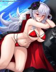 1girl absurdres azur_lane bangs bikini blue_sky blush breasts cleavage clothing_cutout cloud covered_nipples crossed_bangs dutch_angle eyebrows_visible_through_hair flower fur_trim graf_zeppelin_(azur_lane) graf_zeppelin_(beachside_urd)_(azur_lane) hair_between_eyes hair_flower hair_ornament hat headwear_removed highres large_breasts long_hair looking_at_viewer lying multi-strapped_bikini navel navel_cutout ocean on_side open_mouth outdoors patreon_logo patreon_username peaked_cap red_bikini red_eyes shiny shiny_skin signature silver_hair sky solo stomach swimsuit very_long_hair vilde_loh_hocen 