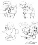  aldi anthro belly black_and_white dialogue disembodied_hand force_feeding forced lagomorph leporid male mammal monochrome rabbit scared sketch slightly_chubby solo stuffing weight_gain 
