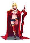  1girl absurdres aestus_estus ahoge ameneshi bangs battle_olympia belt bikini black_footwear blonde_hair bracer breasts cape cleavage closed_mouth fate/extra fate/grand_order fate_(series) fringe_trim full_body green_eyes hair_intakes hand_on_own_chest highres holding holding_sword holding_weapon large_breasts long_hair looking_at_viewer navel nero_claudius_(fate) nero_claudius_(fate)_(all) open_toe_shoes red_bikini red_cape red_legwear red_ribbon ribbon simple_background smile standing swimsuit sword thighhighs weapon white_background 