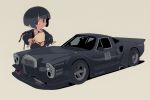  1girl beige_background bikini black_bikini black_eyes black_hair black_jacket car chibi ground_vehicle highres jacket mercedes-benz micro_bikini motor_vehicle original rikona short_hair swimsuit vehicle_focus 