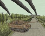  building caterpillar_tracks commentary commentary_request day grass ground_vehicle iron_cross legionarius military military_vehicle motor_vehicle no_humans original road sky smoke tank tiger_i town traditional_media tree utility_pole 