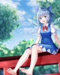  1girl absurdres bangs barefoot blue_bow blue_dress blue_eyes blue_hair blue_sky blush bow cirno cloud day dress hair_bow highres huge_filesize ice ice_wings legs looking_at_viewer open_mouth outdoors puffy_short_sleeves puffy_sleeves red_neckwear short_hair short_sleeves sitting sitting_on_torii sky smile soles solo sunlight torii touhou upper_teeth wings zeroillya 