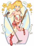  1girl alternate_costume blonde_hair blue_eyes breasts choker cleavage earrings english_commentary guitar highres holding holding_instrument holding_microphone_stand instrument jewelry jivke looking_at_viewer mario_(series) medium_breasts microphone_stand parted_lips pink_choker ponytail princess_peach solo starman_(mario) thighhighs 