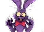  2018 4_fingers animatronic anthro bonnie_(fnaf) bow buckteeth chest_tuft claws fingers five_nights_at_freddy&#039;s freckles fur lagomorph leporid long_ears looking_at_viewer machine male mammal open_mouth open_smile pawpads purple_body purple_fur purple_inner_ear rabbit robot samhorn signature simple_background smile teeth tuft video_games whiskers white_background 