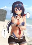  1girl absurdres ariake_(kantai_collection) bangs beach between_breasts bikini black_hair blue_sky blurry breasts brown_shorts cleavage cloud commentary_request covering covering_breasts cowboy_shot day depth_of_field eyewear_on_head hair_over_one_eye highleg highleg_bikini highleg_swimsuit highres kantai_collection large_breasts long_hair looking_at_viewer low_ponytail navel neckerchief outdoors purple_eyes red_neckwear rock shiba_(zudha) shorts sky solo sunglasses swimsuit they_had_lots_of_sex_afterwards torn_clothes translation_request 