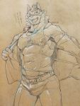  3:4 anthro clothing felid graphite_(artwork) hi_res japanese_text live-a-hero male mammal mask muscular muscular_anthro muscular_male pantherine pecs pencil_(artwork) raiki shirt solo tank_top text tiger topwear tos_tos_f_ski traditional_media_(artwork) undressing 